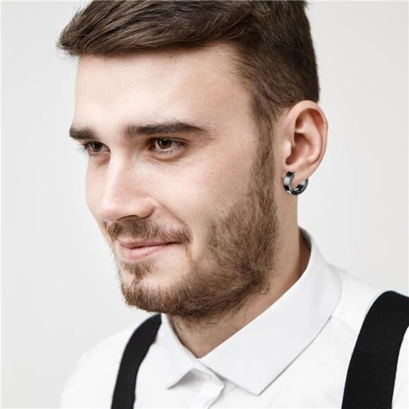 4-Pair Titanium Steel Huggie Hoop Earring Set – Black, Silver, Gold, Oil slick - Picture 6 of 7